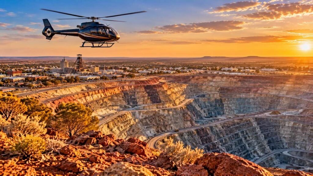 helicopter flight over gold field pits